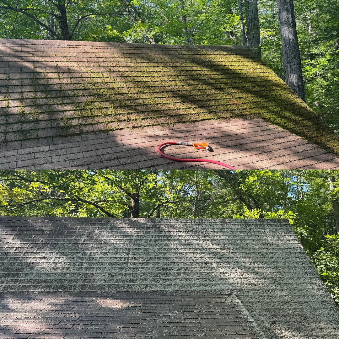 Eliminating Heavy Moss Growth from a Detached Barn Roof | Roof Washing in Wolfeboro, NH