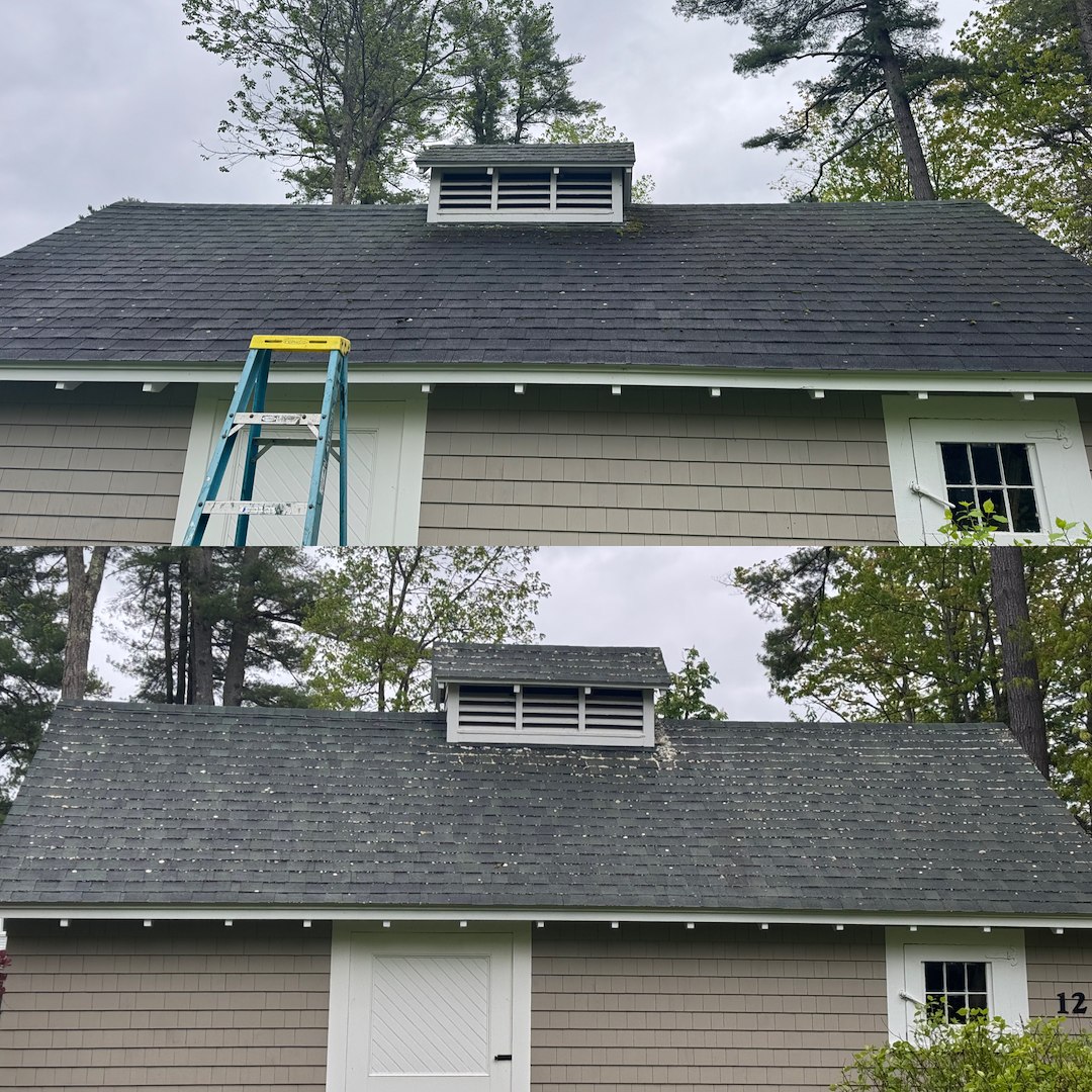Garage Moss Removal in Tuftonboro, NH for a Shaded Pine Tree Covered Roof